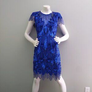 New! Vintage 1990s Flapper Royal Blue Fringe Beaded Sequin Silk Backless Dress 6